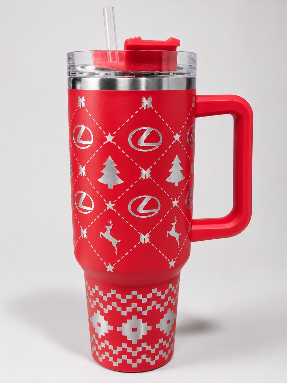 40oz Hand Crafted Red and Silver Holiday Travel Mug with Handle